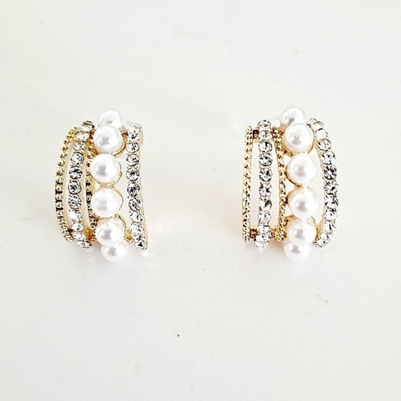Gold Half Hoop Earrings Pearl Rhinestone Coquette Bridal Wedding Cocktail 💖 - Picture 12 of 16